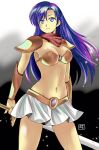  1girl armor asou_yuuko bangs bikini_armor blue_eyes blue_hair breasts cleavage closed_mouth commentary_request cowboy_shot gem gold_armor highres long_hair metal midriff miniskirt mugen_senshi_valis navel okobore_de_shou red_bandana red_scarf revealing_clothes scarf shoulder_pads skirt stomach sword vambraces weapon white_skirt 