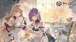  3girls apron azur_lane bare_shoulders black_dress black_gloves blonde_hair blue_dress blue_eyes crown cup curly_hair detached_collar detached_sleeves dress eyebrows_visible_through_hair gloves hair_over_one_eye headdress heart high_heels highres holding holding_cup holding_notebook howe_(azur_lane) howe_(pastry_princess)_(azur_lane) indoors juliet_sleeves loading_screen long_hair long_sleeves maid maid_apron maid_headdress manjuu_(azur_lane) medium_hair multiple_girls notebook official_alternate_costume official_art okku penelope_(azur_lane) penelope_(salty_maid)_(azur_lane) puffy_sleeves purple_hair queen_elizabeth_(azur_lane) queen_elizabeth_(yes_your_maidness!)_(azur_lane) sitting standing strapless strapless_dress tea tea_set teapot thighhighs tiered_tray tray very_long_hair white_apron white_legwear 