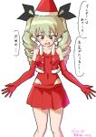  1girl absurdres alternate_costume anchovy_(girls_und_panzer) bangs black_ribbon blush christmas commentary covered_navel dated drill_hair drops_mint elbow_gloves eyebrows_visible_through_hair fur-trimmed_jacket fur_trim girls_und_panzer gloves green_hair hair_ribbon hat highres jacket leotard leotard_under_clothes long_hair looking_down miniskirt open_mouth pleated_skirt red_eyes red_gloves red_headwear red_jacket red_leotard red_skirt ribbon santa_hat simple_background skirt sleeveless sleeveless_jacket smile solo standing translated twin_drills twintails twitter_username white_background 