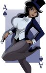  1girl absurdres ace_of_spades black_hair black_legwear black_leotard blazer blue_eyes bow bowtie breasts cleavage closed_mouth commentary_request dark_skin dc_comics hand_on_hip hat high_heels highres holding holding_wand jacket justice_league knee_up large_breasts leotard lips long_hair long_sleeves looking_to_the_side open_clothes regeice shadow shirt solo standing standing_on_one_leg tan top_hat wand western_comics white_bow white_bowtie white_shirt zatanna_zatara 