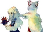  2girls arm_up back bangs blue_dress blue_hair blue_headwear bow brown_eyes buttons closed_mouth collar collared_dress dress eyebrows_visible_through_hair from_side fujiwara_no_mokou gem hair_between_eyes hand_on_another&#039;s_head hand_up hands_up hat itomugi-kun jewelry kamishirasawa_keine long_hair long_sleeves looking_at_viewer multicolored_bow multicolored_hair multiple_girls no_hat no_headwear ofuda ofuda_on_clothes pants puffy_long_sleeves puffy_sleeves red_bow red_neckwear red_pants shirt short_sleeves silver_hair simple_background standing touhou white_background white_bow white_shirt wrist_cuffs 