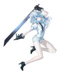  1girl antarcticite antarcticite_(cosplay) arm_up bangs black_footwear black_gloves black_necktie blue_eyes blue_hair blunt_bangs boots commentary cosplay english_commentary full_body gawr_gura gem_uniform_(houseki_no_kuni) gloves hand_up high_heel_boots high_heels holding holding_sword holding_weapon hololive hololive_english houseki_no_kuni looking_at_viewer medium_hair multicolored_hair necktie outstretched_hand pale_skin puffy_short_sleeves puffy_sleeves quasarcake shirt short_sleeves silver_hair simple_background smile solo streaked_hair sword two_side_up virtual_youtuber weapon white_background white_shirt 