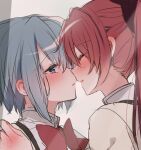  2girls blue_eyes blue_hair blush bow closed_eyes eyebrows eyebrows_visible_through_hair eyelashes hair_between_eyes hair_bow hair_ornament hair_ribbon long_hair mahou_shoujo_madoka_magica miki_sayaka mitakihara_school_uniform mizukikushou multiple_girls open_mouth ponytail red_hair ribbon sakura_kyouko school_uniform yuri 