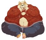  anthro belly big_belly canid canine canis cinnamon_bun claws clothed clothing domestic_dog eating eyewear food fur glasses herding_dog holding_food holding_object male mammal moobs morbidly_obese morbidly_obese_anthro morbidly_obese_male navel obese obese_anthro obese_male opblaaskrokodil open_mouth open_smile overweight overweight_anthro overweight_male pastoral_dog simple_background sitting smile solo straining_buttons tan_body tan_fur thick_thighs toe_claws welsh_corgi white_background wide_hips 