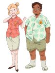  animal_crossing arm_hair bad_id bad_twitter_id blonde_hair blue_eyes blush_stickers brown_eyes brown_footwear brown_hair dark-skinned_male dark_skin earrings english_commentary facial_hair goatee green_footwear green_shirt hair_ribbon hand_in_pocket hand_on_own_face hawaiian_shirt humanization inactive_account isabelle_(animal_crossing) jewelry leaf_print leg_hair looking_to_the_side red_ribbon red_shirt ribbon sandals shirt shoes short_hair shorts simple_background skirt socks stubble thick_eyebrows tied_hair tom_nook_(animal_crossing) tomatomagica white_background wrinkled_skin 