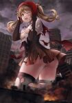  1girl bangs beret black_legwear breasts brown_hair brown_skirt city corset destruction eyebrows_visible_through_hair giant giantess girls&#039;_frontline hat highres long_hair medium_breasts neck_ribbon numaguro_(tomokun0808) one_eye_closed open_mouth puffy_short_sleeves puffy_sleeves red_headwear red_neckwear red_ribbon ribbon shirt short_sleeves skirt solo sten_mkii_(girls&#039;_frontline) thighhighs torn_clothes torn_legwear torn_shirt torn_skirt twintails 
