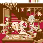  5girls :d :o bat_wings bell blonde_hair blue_hair bottle braid cake chandelier chibi cookie couch crossed_arms cup dress drinking_glass flandre_scarlet flat_color food food_on_face fruit grapes hat hat_ribbon hong_meiling izayoi_sakuya maid maid_headdress multiple_girls neck_ribbon one_eye_closed open_mouth puffy_short_sleeves puffy_sleeves red_hair remilia_scarlet ribbon rumia saucer serving_cart shinonoko short_sleeves siblings silver_hair sisters sitting sleeping smile stairs star_(symbol) table teacup touhou twin_braids wine_glass wings 