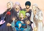  3boys 3girls animal_ears annoyed avatar_(ff14) black_hair blue_eyes blue_hair cat_ears cloak emet-selch final_fantasy final_fantasy_xiv futanome green_eyes head_wings hermes_(ff14) heterochromia holding_hands hooded_robe hythlodaeus looking_at_another mask mask_around_neck meteion multiple_boys multiple_girls purple_eyes purple_hair robe scar silver_hair smile spoilers venat_(ff14) yellow_eyes 