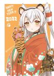  1girl 2022 amatsukaze_(kancolle) animal_ears animal_hands blush border cocoperino eyebrows_visible_through_hair fake_animal_ears floral_print gloves hair_between_eyes hair_tubes happy_new_year highres japanese_clothes kantai_collection kimono long_hair long_sleeves new_year obi open_mouth orange_kimono paw_gloves paw_print print_kimono sash silver_hair solo tiger_ears tiger_paws twitter_username two_side_up upper_body white_border wide_sleeves windsock yellow_eyes 