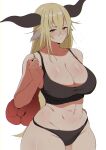  1girl animal_ears arknights bangs bare_arms bare_shoulders black_panties blonde_hair boxing_gloves breasts brown_eyes chinese_commentary cleavage collarbone commentary_request cowboy_shot crop_top degenbrecher_(arknights) groin hair_between_eyes highres horns large_breasts long_hair looking_at_viewer midriff navel panties simple_background solo sports_bra standing stomach sweat underwear white_background xperiajoker 