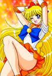  1girl ;d aino_minako arm_behind_head arms_up bare_legs bishoujo_senshi_sailor_moon blonde_hair blue_bow blue_eyes bow breasts collarbone commentary cowboy_shot earrings elbow_gloves eyelashes frilled_skirt frills gloves hair_bow hair_ornament hair_ribbon highleg highleg_leotard highres jewelry knee_up leotard long_hair looking_at_viewer magical_girl medium_breasts nagaigoz one_eye_closed open_mouth orange_skirt parody red_bow ribbon sailor_venus shiny shiny_hair short_sleeves skirt smile solo sparkle_background thighs tiara white_gloves white_leotard 