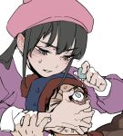  1boy 1girl bangs beanie beret black_hair blue_eyes brown_coat coat covering_mouth eyedrops hand_over_another&#039;s_mouth hand_over_face hat one_eye_closed pink_coat restrained sidelocks silverlilii south_park stan_marsh sweatdrop wendy_testaburger white_background 