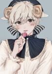  1boy absurdres animal_ears blonde_hair bow candy food grey_eyes hat highres horns lollipop looking_to_the_side male_focus original pale_skin ribbon sheep sheep_boy sheep_ears sheep_horns white_xxxx 