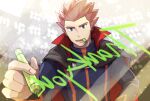  1boy black_cape blue_jacket cape grey_eyes highres holding holding_pen imasara_maki jacket lance_(pokemon) long_sleeves looking_down male_focus mouth_hold pen pokemon pokemon_(game) pokemon_hgss popped_collar red_hair short_hair solo spiked_hair turtleneck turtleneck_jacket upper_body writing 