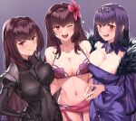  3girls armor bangs bare_shoulders bikini blush bodysuit bracelet breasts cleavage collarbone covered_navel detached_collar dress fate/grand_order fate_(series) feather_trim flower fumafu hair_between_eyes hair_flower hair_ornament hibiscus highres jewelry large_breasts long_hair long_sleeves looking_at_viewer multiple_girls multiple_persona navel one_eye_closed open_mouth pantyhose pauldrons pendant purple_bikini purple_bodysuit purple_dress purple_hair purple_legwear red_eyes sarong scathach_(fate) scathach_(swimsuit_assassin)_(fate) scathach_skadi_(fate) shoulder_armor smile swimsuit thighs tiara 