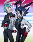  2boys ;d alternate_costume anger_vein angry archer_(pokemon) bangs black_hair black_jacket black_pants black_vest bow bowtie buttons clenched_teeth commentary_request fang gloves green_bow green_bowtie green_eyes green_hair grimsley_(pokemon) gyakumushi hair_between_eyes jacket male_focus multiple_boys one_eye_closed open_mouth pants pokemon pokemon_(game) pokemon_bw pokemon_hgss red_gloves shirt short_hair smile spiked_hair teeth tongue vest white_shirt 