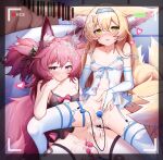  2girls absurdres anal anal_beads animal_ear_fluff animal_ears arknights ass bangs bar_censor blonde_hair blush bottomless breasts censored collarbone cum cum_in_pussy cum_on_hair cum_string cumdrip ddddecade egg_vibrator eyebrows_visible_through_hair frills garter_belt hair_between_eyes heart highres long_hair looking_at_viewer multiple_girls multiple_tails navel nipples parted_lips penis pink_eyes pink_hair ponytail pout presenting pussy remote_control_vibrator see-through sex_toy shamare_(arknights) small_breasts suzuran_(arknights) tail thighhighs underwear vaginal vibrator viewfinder white_legwear yellow_eyes 