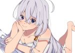  ahoge bad_id bad_pixiv_id blue_eyes breasts cleavage elaina_(majo_no_tabitabi) feet hand_on_own_face long_hair lying majo_no_tabitabi nightgown silver_hair small_breasts smile strap_slip tin white_background 