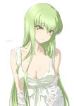  1girl bangs bare_shoulders breasts c.c. code_geass dress eyebrows_visible_through_hair green_hair head_tilt highres long_hair looking_at_viewer medium_breasts mitsugu no_bra off_shoulder parted_lips shirt signature simple_background sleeveless sleeveless_dress solo straight_hair upper_body very_long_hair white_background white_dress white_shirt yellow_eyes 