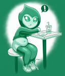  ! alien alien_humanoid bottomwear clothing container crumbs cup disfigure female footwear furniture hi_res hoodie humanoid navel pants paper rosie_(disfigure) roswell_grey seat shoelaces shoelaces_untied shoes signature slightly_chubby solo straw table topwear 