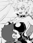  1boy 1girl armlet bangs bare_shoulders blush bowsette bracelet breast_rest breast_smother breasts breasts_on_head breath collar collarbone crown dress earrings eyebrows_visible_through_hair face_to_breasts facial_hair greyscale hair_between_eyes hand_on_hip height_difference high_ponytail highres huge_breasts jewelry long_hair looking_at_another mario mario_(series) monochrome mustache new_super_mario_bros._u_deluxe nuebiimu open_mouth sharp_teeth short_hair sketch smile smother strapless strapless_dress super_crown sweat teeth turtle_shell v-shaped_eyebrows 