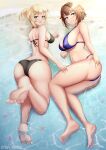  2girls absurdres ass bangs bare_back bare_legs barefoot beach black_swimsuit blonde_hair blue_swimsuit blush breasts brown_hair eyebrows_visible_through_hair feet foot_focus full_body girls&#039;_frontline green_eyes grizzly_mkv_(girls&#039;_frontline) hair_ornament hand_on_own_ass highres huge_breasts leg_up legs looking_at_viewer lying medium_breasts medium_hair multiple_girls navel on_side on_stomach on_water open_mouth purple_eyes sideboob smile soles starfish swimsuit thighs toes twitter_username welrod_mkii_(girls&#039;_frontline) yan_kodiac 