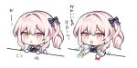  1girl akiyama_mizuki artist_request blue_bow bongo_cat bow bowtie chibi like_and_retweet long_sleeves meme multiple_views one_side_up pink_eyes pink_hair project_sekai retweet_(meme) shirt sidelocks third-party_source white_shirt 