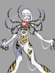  1girl absurdres arthropod_girl colored_tongue extra_eyes fangs feet_out_of_frame green_tongue grey_background highres kokonotsunbai monster_girl mummy original red_eyes ribs ringed_eyes silk simple_background skeleton solo spider_girl spider_web 