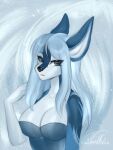  anthro blue_body blue_fur breasts canid canine clothed clothing female fox fur hair hi_res looking_at_viewer mammal sapphire_(wallooner97) solo sweet_queen 