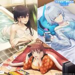  3girls absurdres artist_request bathing bathroom bathtub bed black_hair blue_hair breasts brown_eyes brown_hair card cleavage closed_eyes commentary copyright copyright_name earphones english_text gouf gundam gundam_breaker_mobile hairband haro highres holding holding_phone ichinose_yuri kotatsu kotomori_ren kuzunoha_rindou large_breasts long_hair miyama_sana multiple_girls new_year nishi_katsunori official_art ono_masayoshi open_mouth phone playing_card purple_eyes sleeping small_breasts table tablet_pc television topknot under_kotatsu under_table wet wet_hair wet_towel white_hairband 