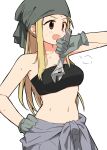  1girl :d adjustable_wrench armpits bandana bandeau bare_shoulders black_bandeau black_eyes blonde_hair blush breasts breath cleavage clothes_around_waist commentary cowboy_shot fullmetal_alchemist gloves grey_bandana grey_gloves grey_overalls hand_on_hip highres holding holding_wrench large_breasts long_hair looking_ahead matsuda_hikari midriff navel open_mouth overalls overalls_rolled_up sidelocks simple_background smile solo strapless sweat tied_sleeves tube_top white_background winry_rockbell wiping_sweat wrench 