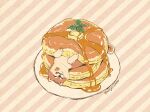  animal animal_focus artist_name butter closed_eyes dog food food_focus leaf lying mojacookie no_humans on_back original pancake plate shiba_inu smile stack_of_pancakes striped striped_background syrup tongue tongue_out 