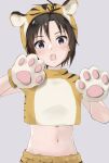  1girl :o animal_ears animal_hands animal_print antenna_hair bangalore_(apex_legends) black_eyes black_hair blush chinese_zodiac commentary crop_top fake_animal_ears gloves grey_background hair_between_eyes hands_up head_tilt highres idolmaster idolmaster_(classic) idolmaster_2 kikuchi_makoto looking_at_viewer midriff mogskg navel open_mouth paw_gloves short_hair short_sleeves shorts simple_background solo tiger_hat tiger_paws tiger_print tiger_stripes upper_body year_of_the_tiger 