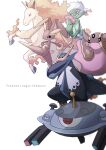  blue_eyes blurry closed_mouth commentary_request copyright_name empoleon frown gastrodon gastrodon_(west) highres kicking looking_down lopunny magnezone no_humans pokemon pokemon_(creature) rapidash red_eyes roserade smile yori_(ito_haruki) 