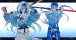  2boys abs armor belt black_tank_top blue_bodysuit blue_hair bodysuit bracelet capelet charatei closed_mouth crossed_arms cu_chulainn_(caster)_(fate) cu_chulainn_(fate) cu_chulainn_(fate/stay_night) earrings elbow_gloves fate/grand_order fate/stay_night fate_(series) fingerless_gloves floating_hair fur-trimmed_hood fur_trim gae_bolg_(fate) gloves glowing grin highres holding holding_polearm holding_staff holding_weapon hood hood_up hooded_capelet jewelry long_hair looking_at_viewer looking_to_the_side magic_circuit male_focus multiple_boys multiple_persona muscular muscular_male one_eye_covered pauldrons pectorals polearm polearm_behind_back ponytail red_eyes shoulder_armor single_vambrace skin_tight smile spiked_hair staff tank_top vambraces weapon wooden_staff 
