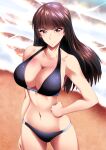  1girl bangs beach bikini black_bikini blunt_bangs breasts brown_eyes brown_hair cleavage closed_mouth commentary_request day eyebrows_visible_through_hair girls_und_panzer halterneck hand_on_hip highres large_breasts long_hair looking_at_viewer mature_female miraino_tsubasa navel nishizumi_shiho outdoors partial_commentary smile solo sparkle standing straight_hair swimsuit waves 