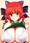  1girl animal_ears bangs blunt_bangs blush braid breasts cat_ears cleavage clothes_lift extra_ears highres kaenbyou_rin large_breasts light_smile looking_at_viewer parted_lips pointy_ears red_eyes red_hair shirt_lift simple_background solo touhou twin_braids twintails upper_body xialu_zajin 