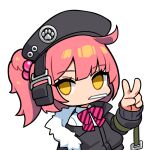  1girl bangs beret black_headwear black_jacket bow bowtie candy ett food food_in_mouth fur-trimmed_jacket fur_trim girls&#039;_frontline hat headphones jacket lollipop long_hair long_sleeves looking_at_viewer mp7_(girls&#039;_frontline) orange_hair pink_bow pink_bowtie pink_hair ponytail simple_background solo v white_background 