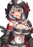  1girl :d belt blush bow breasts camisole cleavage collar fang fingerless_gloves gloves grey_hair highres hololive jacket large_breasts looking_at_viewer off_shoulder open_mouth orca_hood plaid plaid_bow red_eyes sakamata_chloe smile solo tako_seijin upper_body virtual_youtuber 