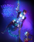  2022 abs antelope anthro av_malina bovid boxers_(clothing) bra christmas_lights clothing dancing disney duo english_text felid female gazelle gazelle_(zootopia) hi_res horn long_neck looking_at_viewer male mammal microphone muscular muscular_male new_year_2022 pantherine pole pole_dancing signature stripes text tiger tiger_dancer_(zootopia) underwear zootopia 