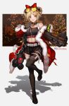  1girl absurdres bare_shoulders black_gloves blush boots bow bullpup choker christmas collarbone double_bun eyebrows_visible_through_hair eyewear_on_head full_body gas_mask girls&#039;_frontline gloves gun high_heels highres leg_up mask official_alternate_costume open_mouth p90 p90_(girls&#039;_frontline) p90_(scarlet_turbo)_(girls&#039;_frontline) red_eyes rez_(banco233) shadow short_hair smile solo submachine_gun sunglasses thigh_boots thighhighs weapon 