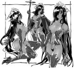  1girl ass banned_artist breasts collarbone commentary_request dark_elf detached_sleeves earrings elf greyscale hair_over_one_eye holding holding_staff iwamoto_eiri jewelry kuroinu_~kedakaki_seijo_wa_hakudaku_ni_somaru~ large_breasts long_hair looking_at_viewer monochrome multiple_views navel olga_discordia pointy_ears pubic_tattoo staff tattoo thighhighs very_long_hair 