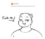  anthro canid canine clothing curious_cat dialogue_box digitalpelican joey_(digitalpelican) lidded_eyes male mammal meme no_nut_november profanity raccoon_dog shirt smile solo tanuki topwear 