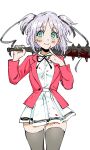  1girl absurdres bangs black_legwear black_ribbon blazer blood blood_on_clothes blood_on_face blood_on_weapon blood_splatter blood_stain blush bokusatsu_tenshi_dokuro-chan bomhat c: closed_mouth club_(weapon) collared_shirt cowboy_shot excalibolg eyebrows_visible_through_hair eyelashes eyes_visible_through_hair facing_viewer finger_to_own_chin green_eyes hair_ribbon hands_up high-waist_skirt highres holding holding_weapon index_finger_raised jacket kanabou light_purple_hair long_sleeves looking_to_the_side looking_up mitsukai_dokuro neck_ribbon open_clothes open_jacket over_shoulder pleated_skirt red_jacket ribbon school_uniform shirt shirt_tucked_in short_hair simple_background skindentation skirt smile solo spiked_club stained_clothes standing straight-on tareme thighhighs two_side_up weapon weapon_over_shoulder white_background white_shirt white_skirt wing_collar zettai_ryouiki 