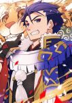  1boy alternate_costume black_gloves blue_eyes blue_hair blue_kimono chinese_zodiac fire_emblem fire_emblem:_the_blazing_blade gloves grin hector_(fire_emblem) highres japanese_clothes kimono looking_at_viewer nakabayashi_zun orange_eyes sharp_teeth smile teeth tiger year_of_the_tiger 