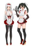  2girls alternate_costume apron bangs black_gloves black_hair black_legwear blush breasts c-da cup elbow_gloves enmaided frilled_skirt frilled_sleeves frills full_body gloves green_eyes hair_between_eyes hair_ribbon headband high_heels highres holding holding_tray kantai_collection large_breasts long_hair maid medium_breasts miniskirt multiple_girls open_mouth orange_eyes red_footwear red_headband red_skirt ribbon shoukaku_(kancolle) simple_background skirt sleeveless smile standing teapot thighhighs tray twintails waist_apron white_apron white_background white_gloves white_hair white_ribbon zuikaku_(kancolle) 