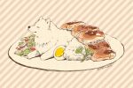  animal_focus black_eyes closed_eyes dog egg fluffy food food_focus katsu_(food) looking_at_viewer meat mojacookie no_humans original oversized_food plate rice salad samoyed_(dog) smile striped striped_background twitter_username vegetable white_dog 