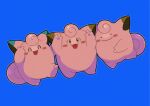  :d ^_^ arms_up blue_background blush_stickers clefairy closed_eyes commentary_request ditto fang no_humans open_mouth pokemon pokemon_(creature) shuu_(ssyuu721) simple_background smile tongue transformed_ditto 