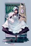  1girl apron bangs black_footwear black_hair curtains floor green_eyes grin highres holding holding_clothes long_hair long_sleeves looking_at_viewer maid maid_apron maid_headdress nail_polish okeno_kamoku open_mouth original picture_frame red_nails shadow shoes signature single_sock smile socks solo standing standing_on_one_leg table teeth thighhighs toes white_apron white_footwear window 