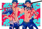  2boys abs beads biceps blue_hair bodypaint bracelet charatei closed_mouth collarbone crescent_necklace cu_chulainn_(fate) cu_chulainn_(fate/stay_night) detached_sleeves earrings fang fate/grand_order fate/stay_night fate_(series) floating_hair floral_background gae_bolg_(fate) gloves goggles goggles_around_neck grin groin hair_beads hair_ornament hand_on_hip holding holding_polearm holding_weapon jewelry long_hair male_focus multiple_boys muscular muscular_male navel nipples pectorals polearm polearm_behind_back ponytail red_eyes removing_glove short_hair single_sleeve skin_tight smile snorkel spiked_hair sweat tan tanlines topless_male weapon wet 